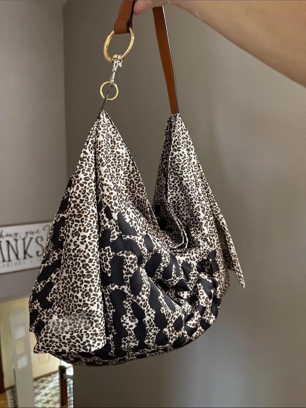 Vince Camuto Black and Brown Leopard Silky Shoulder Bag